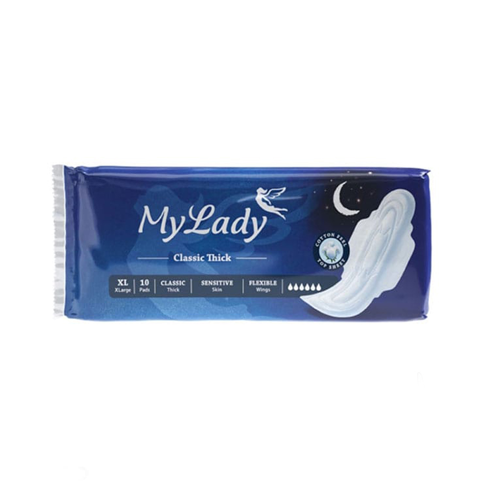 my-lady-classic-thinck-size-xlarge-10-pads-1.jpg نوار بهداشتی کلاسیک ضخیم بالدار خیلی بزرگ مای لیدی پوست حساس 10 عدد - Image 1